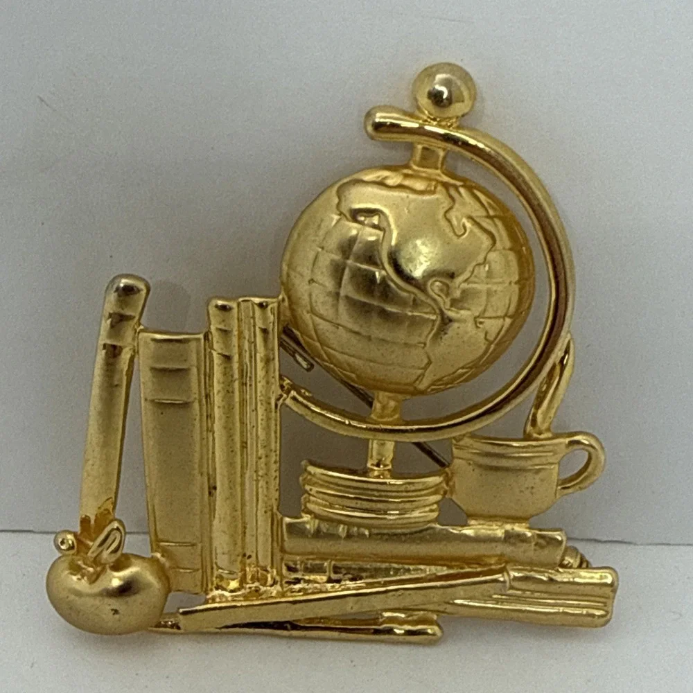 Teacher Brooch Pin Fashion Jewelry Gold Color Globe Books Apple Desk 2